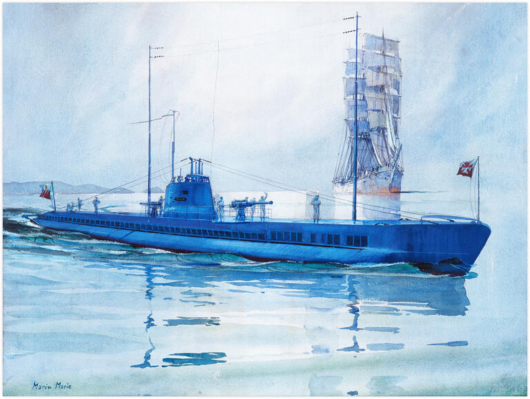 Marin Marie, aquarelle, le Wilk, sous-marin polonais