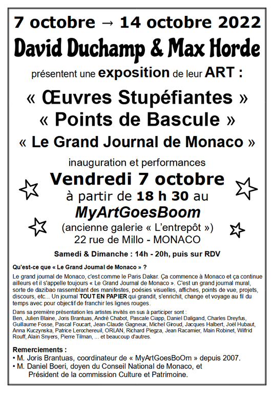 Exposition d'ART - David Duchamp & Max Horde - 7 octobre à Monaco