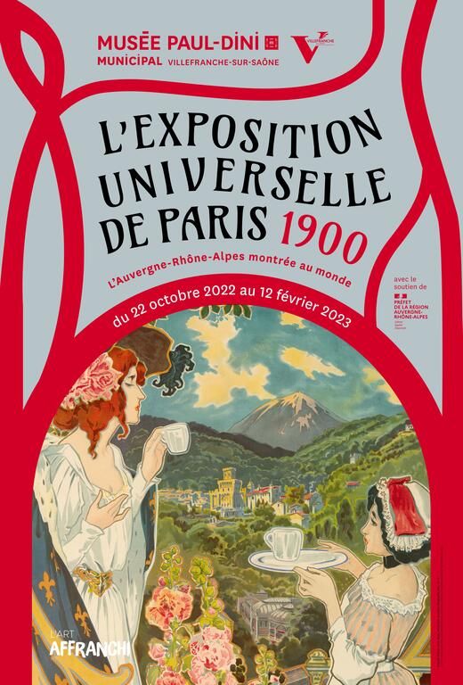 L'affiche de l'exposition représente deux femmes et un paysage auvergnat. 