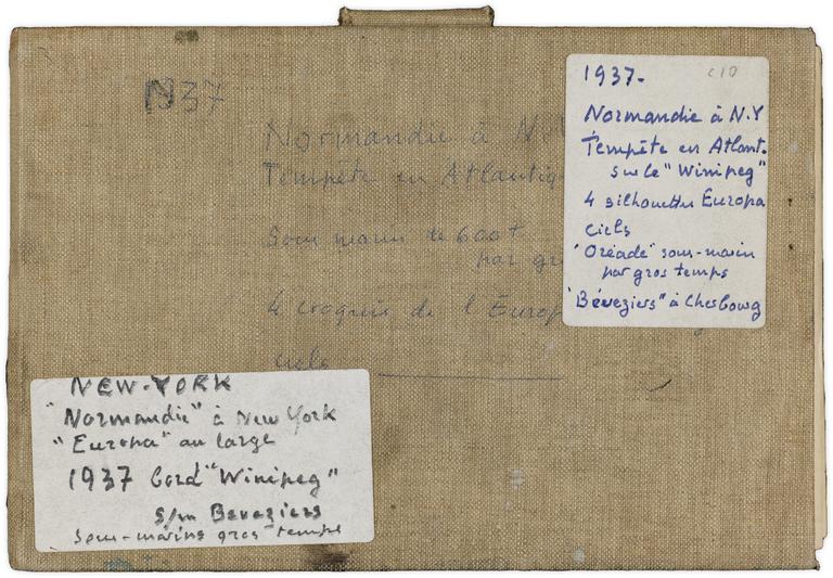 Carnet de dessins, "New-York, "Normandie" à New-York, "Eureka" au large, bord "Winipeg", "Beveziers" à Cherbourg, "Oréade" sous-marin par gros temps". 1937