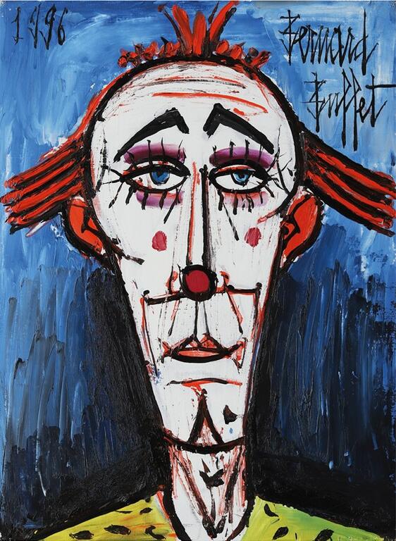 Bernard BUFFET, "Tête de clown sur fond bleu", 1996, huile sur toile, 73 x 54 cm