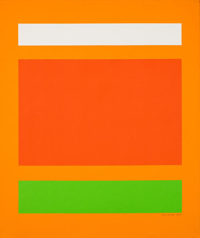 Jean Legros, Toile à bandes (fond orange), 1973