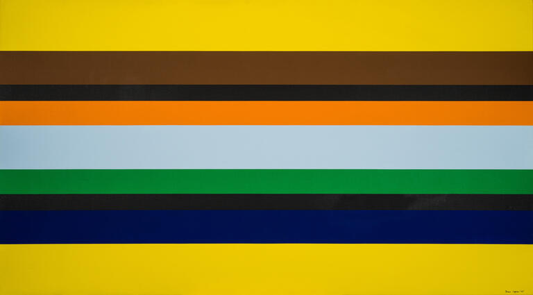 Jean Legros, Toile à bandes(jaune, marron, noir, orange), 1975