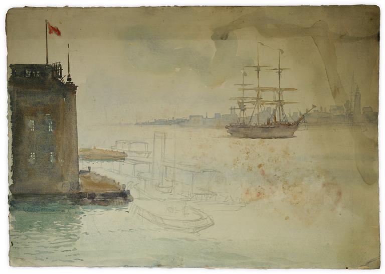 Catalogue raisonné, Marin Marie, Sans titre (aquarelle trois-mâts près d'une tour)