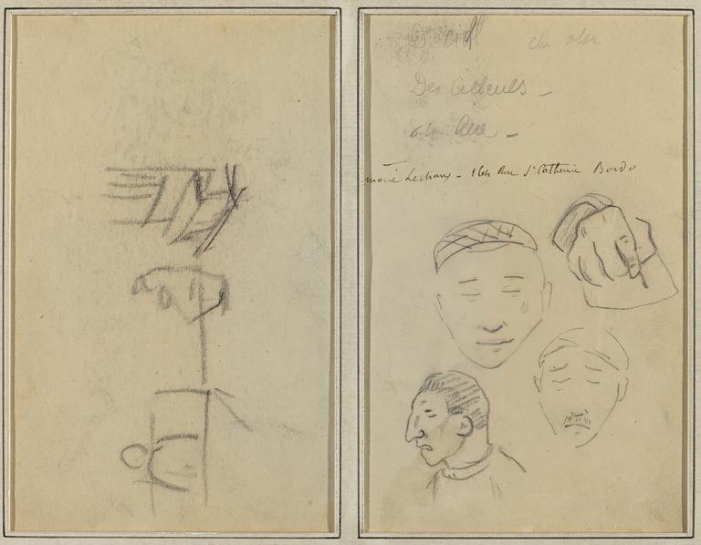 Catalogue raisonné, Paul Gauguin, Deux figures et un banc et trois études de têtes d'hommes et une de main, 1884-1888