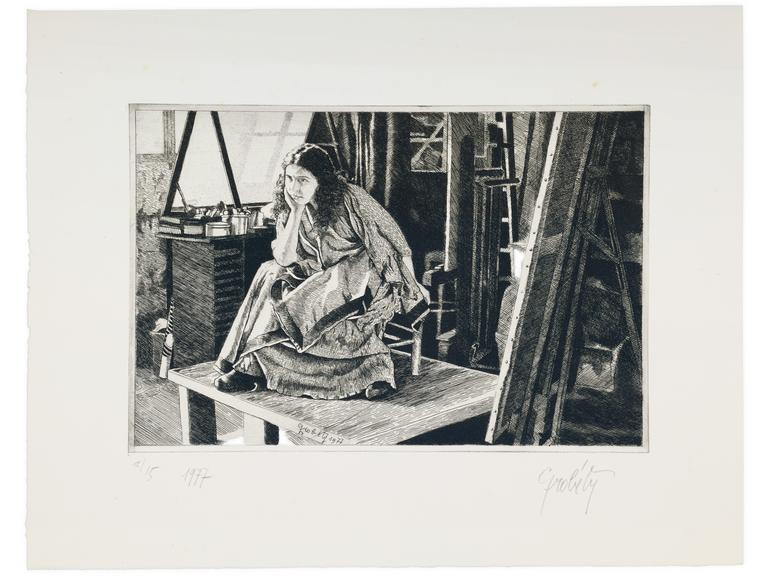 Catalogue raisonné, Claude Grobéty, Péplos assis, écran, tableau, main au menton - 1977