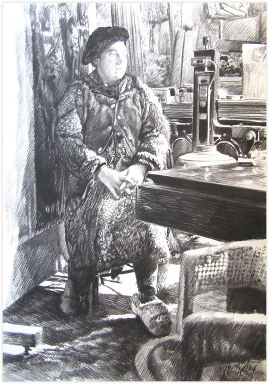 Bouffon, béret noir, chaussons mouton, coin table et fauteuil rotin - 1979