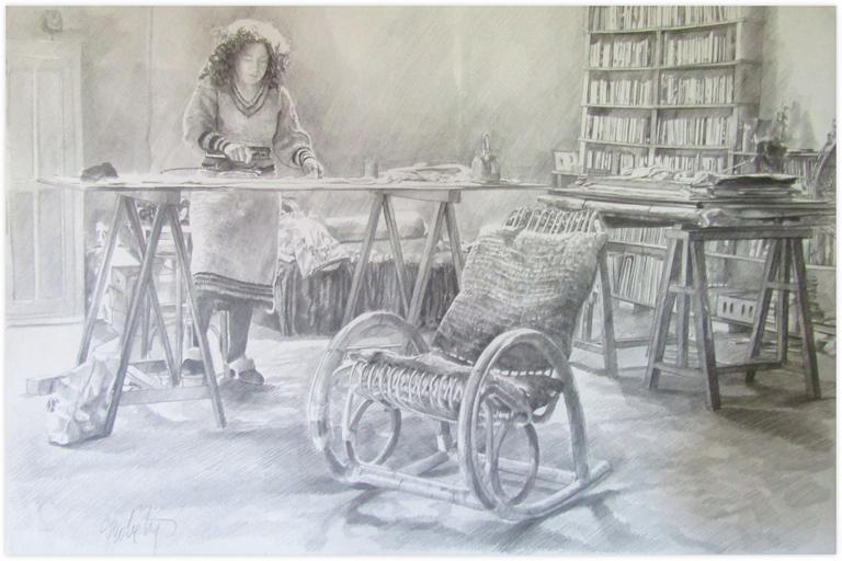 Catalogue raisonné, Claude Grobéty, Fauteuil bascule, robe blanche, orange et marron - 1981