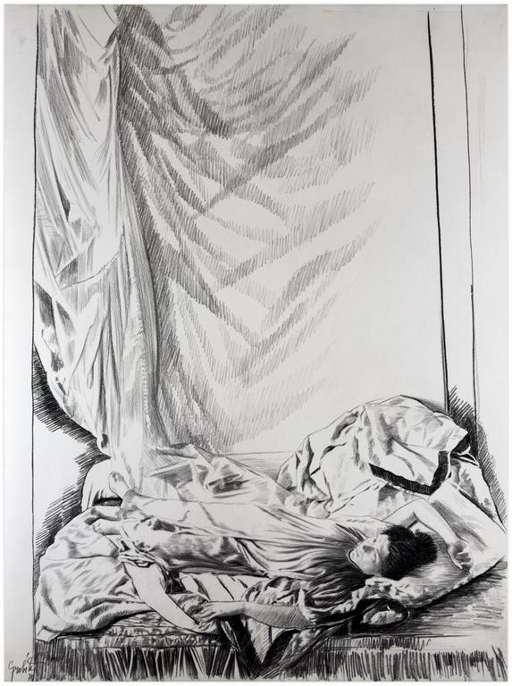 Claude Grobéty, Robe verte, couché, adossé à coussin, draperies - 1978