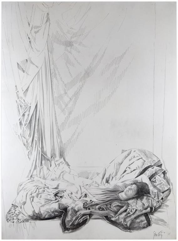 Claude Grobéty, Couché sur le dos, bras droit levé, péplos - 1978