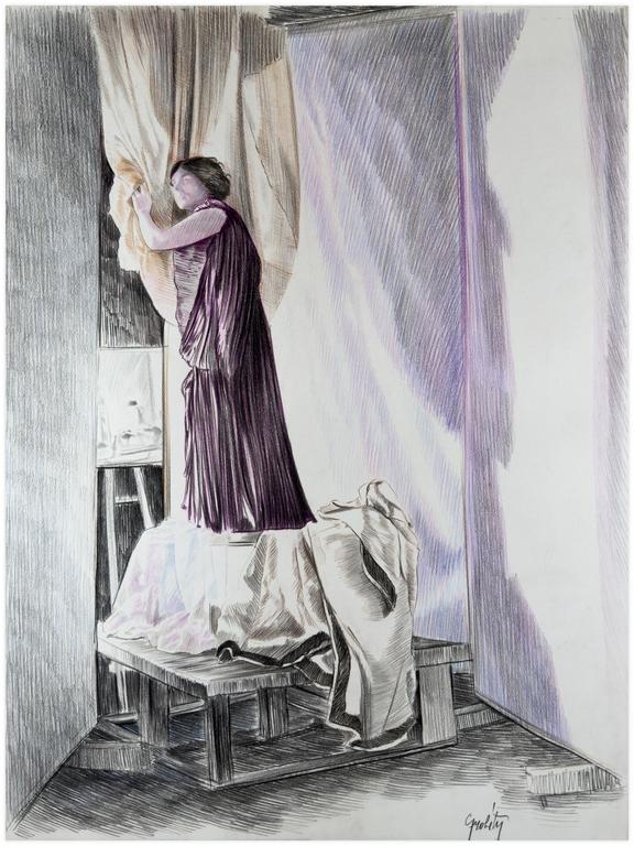 Robe violette, péplos sur estrade, draperie - 1976