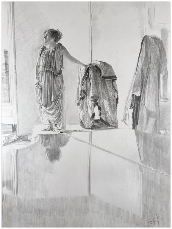 Tunique relevée taille, bras gauche tendu vers peplos, reflet piano - 1977