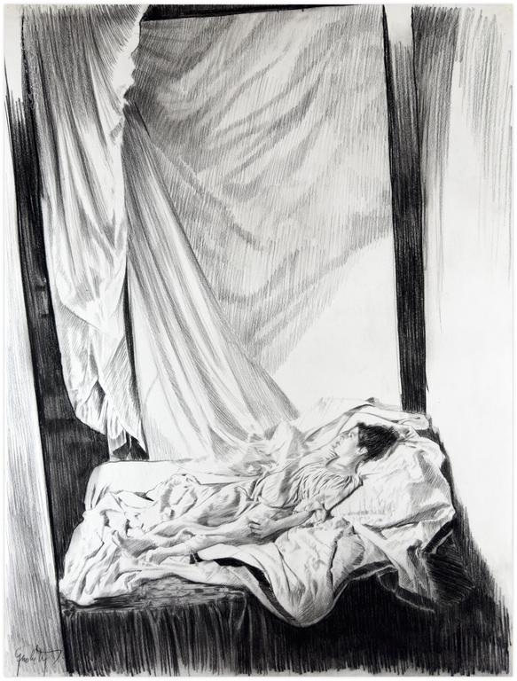 Couché robe verte sur le dos, bras droit levé, gauche étendu - 1978