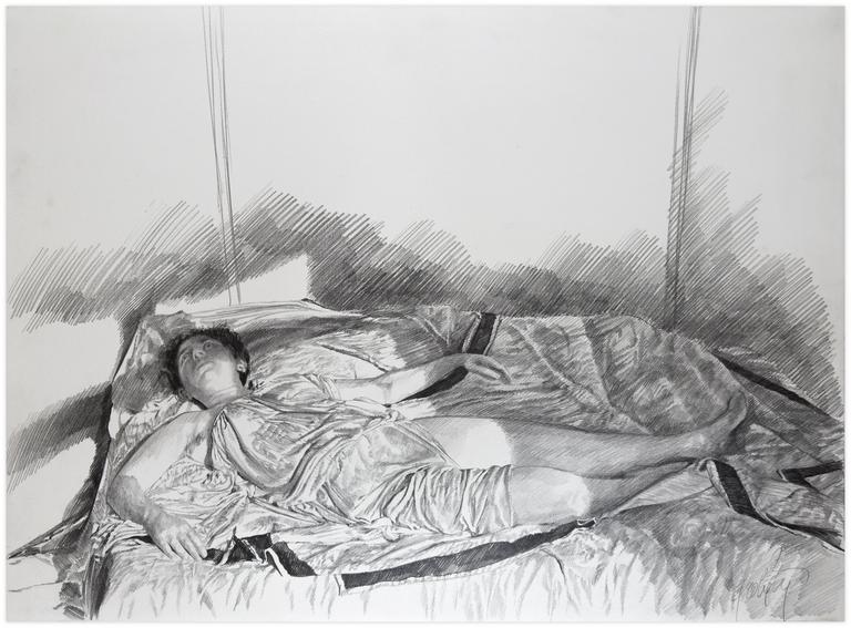 Tunique, couché sur le lit, jambe gauche découverte - 1977