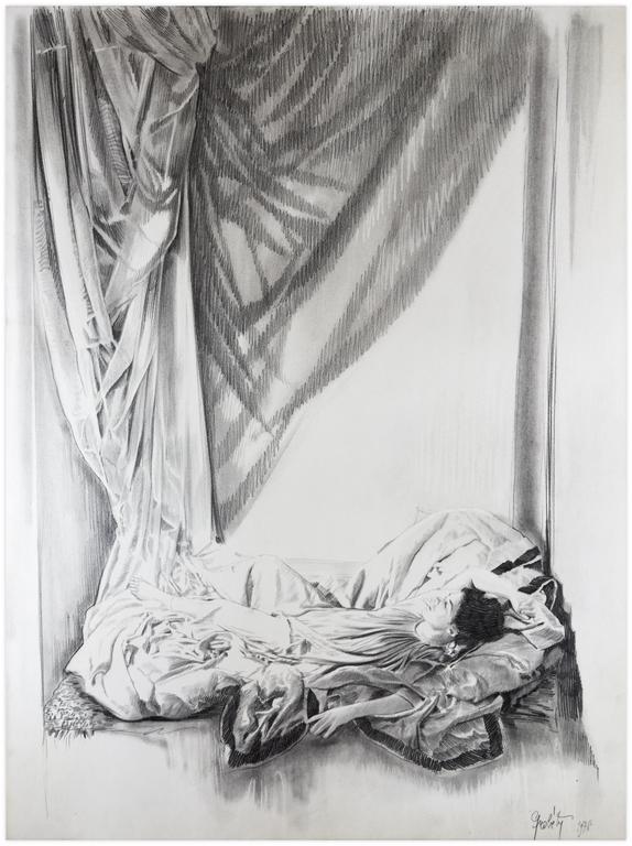 Claude Grobéty, Robe verte, bras droit levé, draperies - 1978