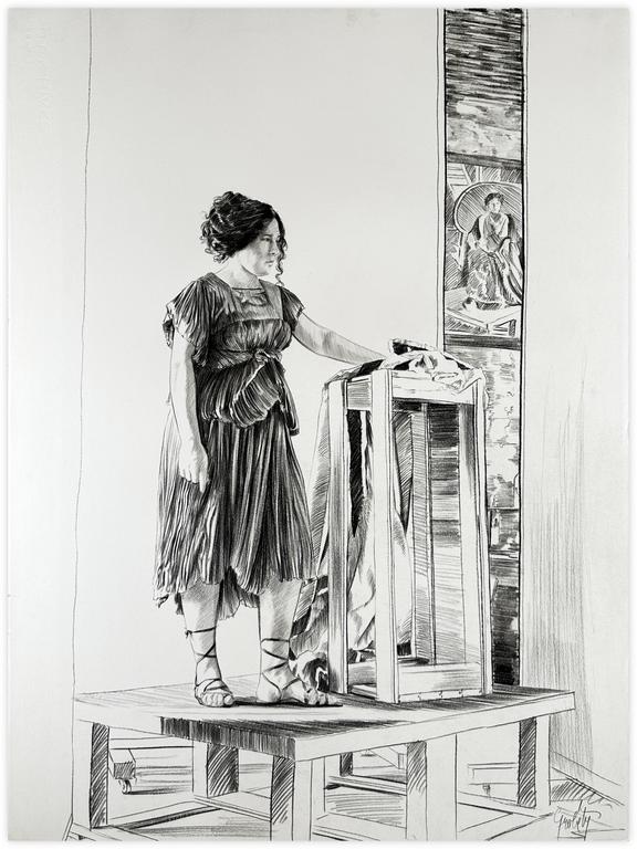 Claude Grobéty, Robe violette retenue à la taille, bras sur stèle, spartiates, tableau entre deux panneaux - 1978