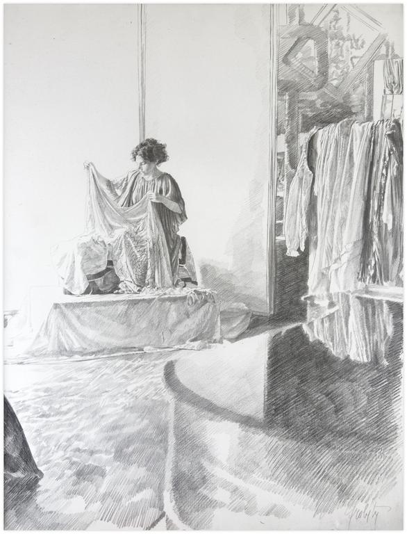 Claude Grobéty, Robe verte, assis avec péplos (essayage), reflet piano - 1977