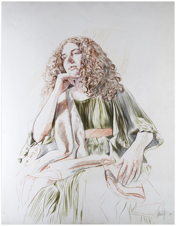 Claude Grobéty, Robe verte et péplos avec broche, grands cheveux 1977