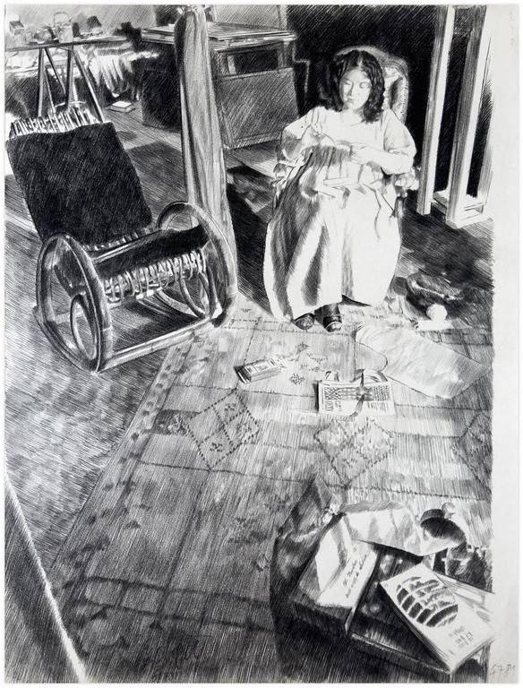 Claude Grobéty, Robe blanc, assis Voltaire, fauteuil bascule sur le tapis - 1981