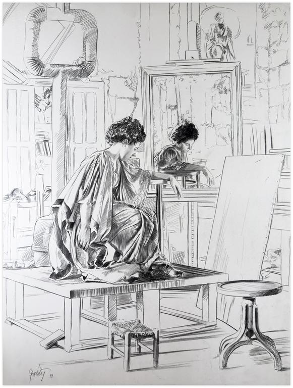 Claude Grobéty, Tunique et péplos assis, reflet miroir, chignon - 1978