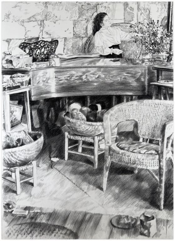 Claude Grobéty, Piano, corsage blanc, bouquet, fauteuil rond corbeilles de laine - 1979