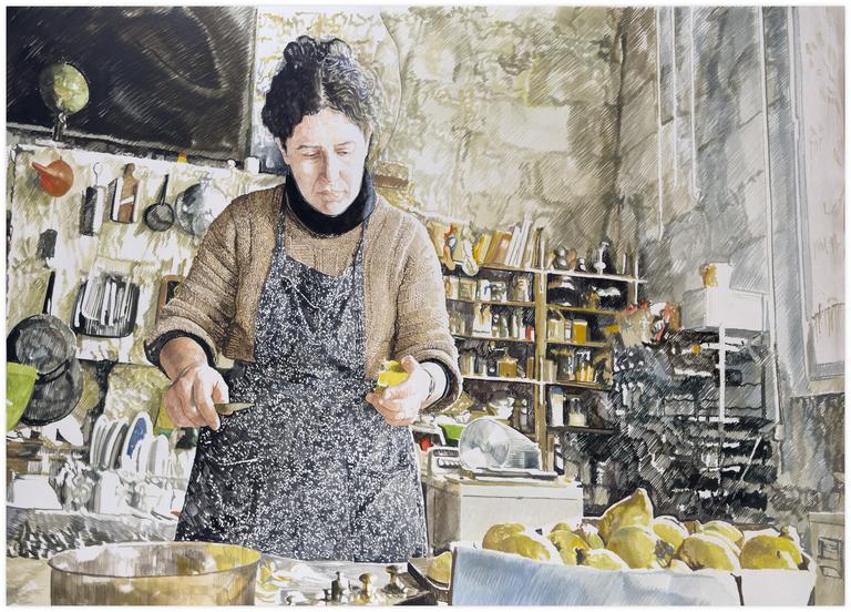 Claude Grobéty, Série confiture de coings, épluchage, tablier noir - 1987