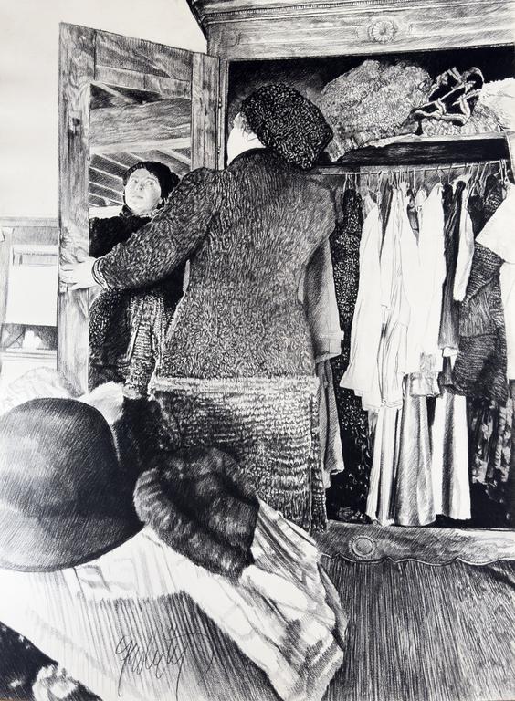 Claude Grobéty, Robe chat et veste devant l'armoire ouverte, miroir - 1983