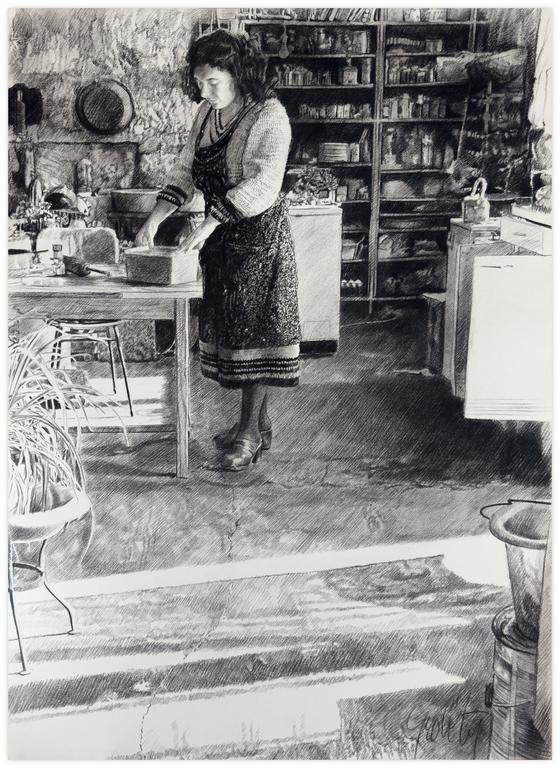 Claude Grobéty, Robe blanche dans la cuisine, tablier noir - 1986