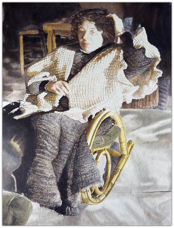 Claude Grobéty, Robe châtelaine, châle, fauteuil bascule, bras gauche levé - 1994