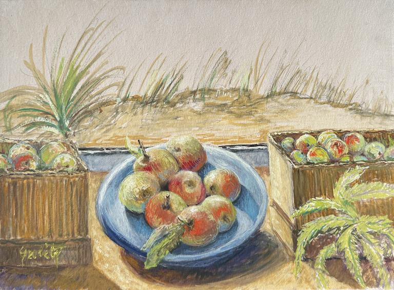 Claude Grobéty - Assiette pommes, arbres au fond