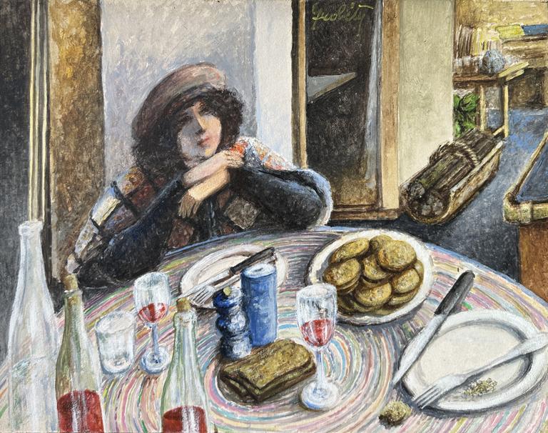 Claude Grobéty - Bouffon devant table, vin et sablés