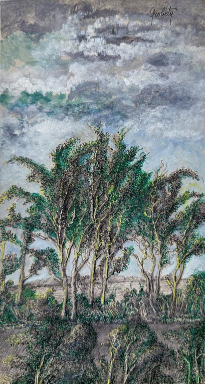 Claude Grobéty - Arbres, ciel gris et vert