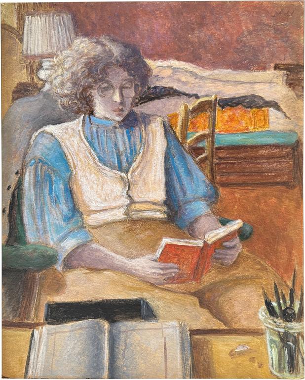 Claude Grobéty - Corsage bleu, gilet blanc, lit livre rouge