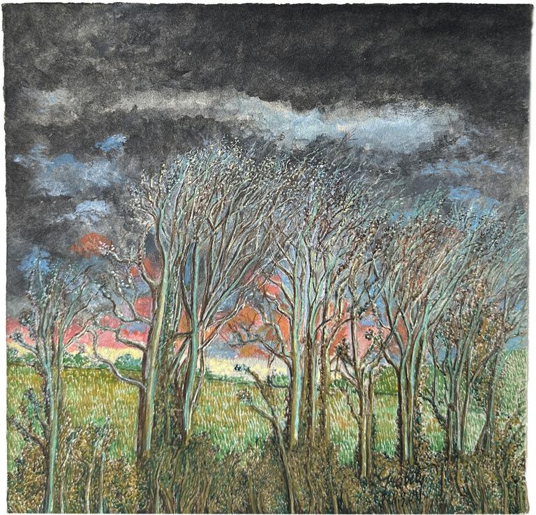 Claude Grobéty - Crépuscule, horizon rose sur pré vert