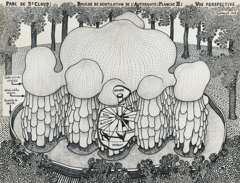 Catalogue raisonné, Robert Malaval, Parc de Saint-Cloud: Bouche de ventilation de l'autoroute: Planche II Vue Perspective - 1966