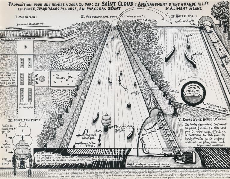 Catalogue raisonné, Robert Malaval, Proposition pour une remise à jour du parc de Saint-Cloud: Aménagement d'une grande allée en pente, jusqu'alors pelouse, en parcours géant d'Aliment Blanc - 1966