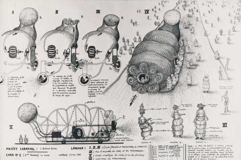 Catalogue raisonné, Robert Malaval, Projet de carnaval : l'Aliment Blanc, Char n°1 (2e version), La Larve - 1964