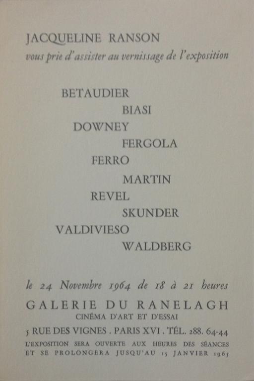 Exposition organisée par Jacqueline Ranson à la galerie Ranelagh, cinéma d'art et d'essai