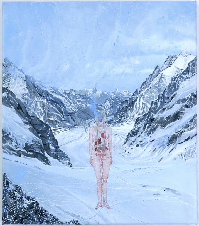 Ylva Snöfrid “ The B ody with O rgans, Cosmos Vanitas, Jungfrau joch , After Noon ”, 2023 - 24 , Oil on canvas , 47 x 41 cm