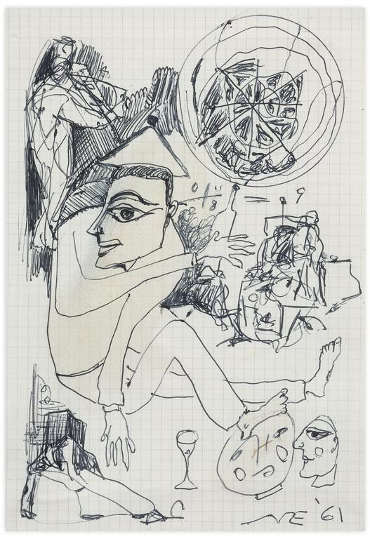 Catalogue raisonné, Norris Embry, Sans titre (Homme assis, visage, figure et verre), 1961