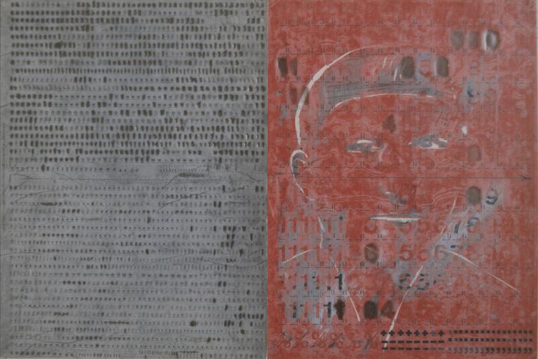 Catalogue raisonné, Bernadette Delrieu, Mémoire d'une vie, portrait n°06, portrait rouge et alphabet gris - 1991