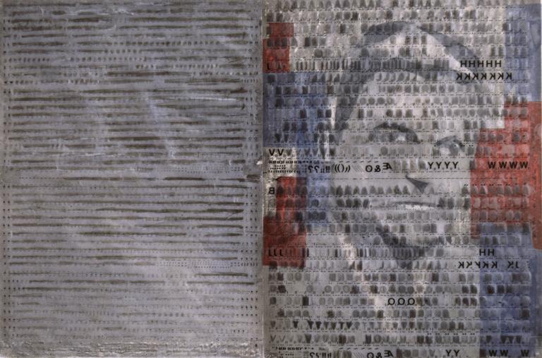 Catalogue raisonné, Bernadette Delrieu, Mémoire d'une vie, portrait n°07 - portrait gris et alphabet effacé - 1991