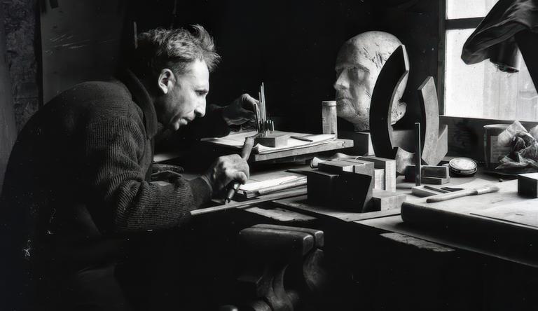 Marino di Teana dans son atelier en 1962. On le voit travailler sur la maquette d' Orléans Photo Pierre Joly - Véra Cardot (MNAM centre Pompidou) 