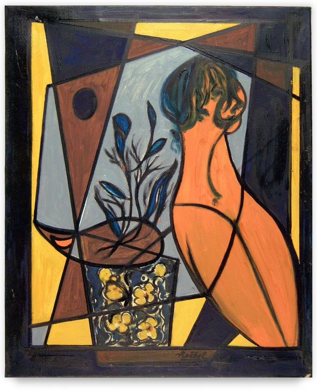 Catalogue raisonné, Edgar Stoëbel, La femme orange / lucarne sur fleurs — Circa 1990