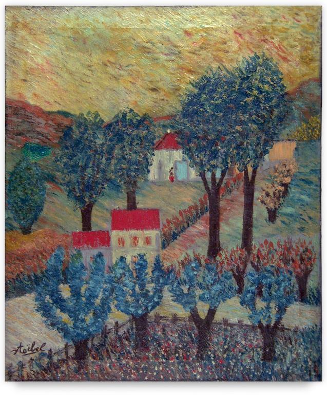 Catalogue raisonné, Edgar Stoëbel, Landscape - campagne aux toits rouges — 1970