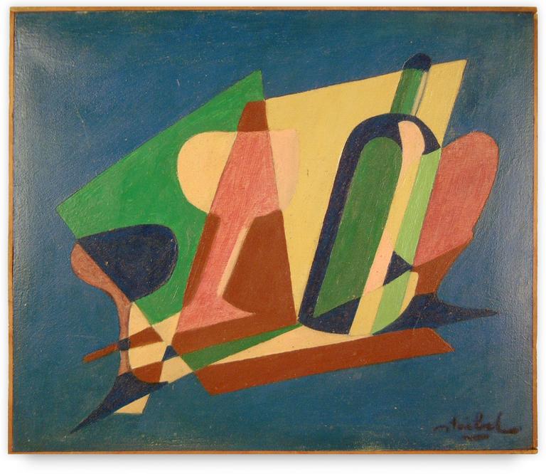Catalogue raisonné, Edgar Stoëbel, nature morte au verre et à la bouteille (fond bleu)