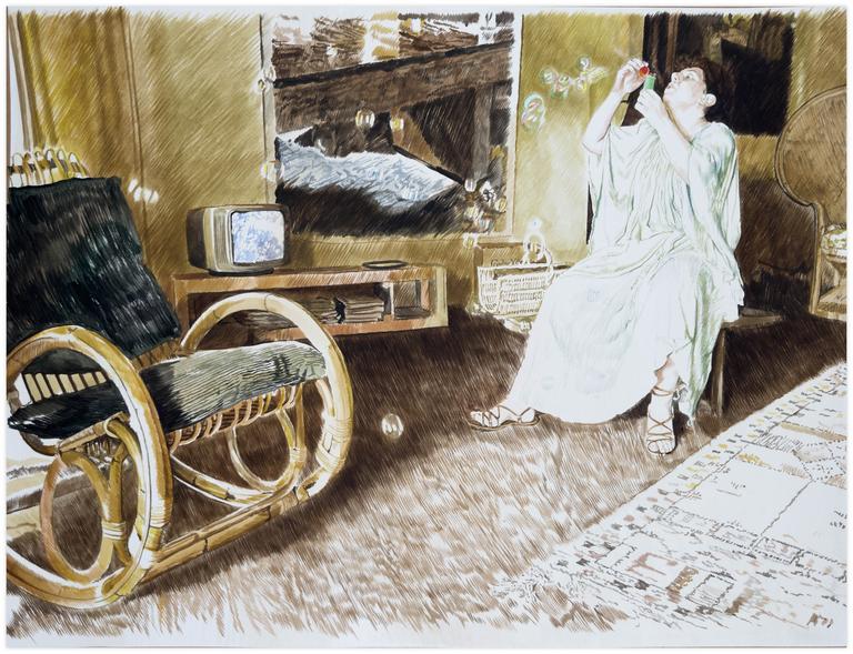 Catalogue raisonné, Claude Grobéty, Robe verte, fauteuil rotin, souffle des bulles - circa 1982