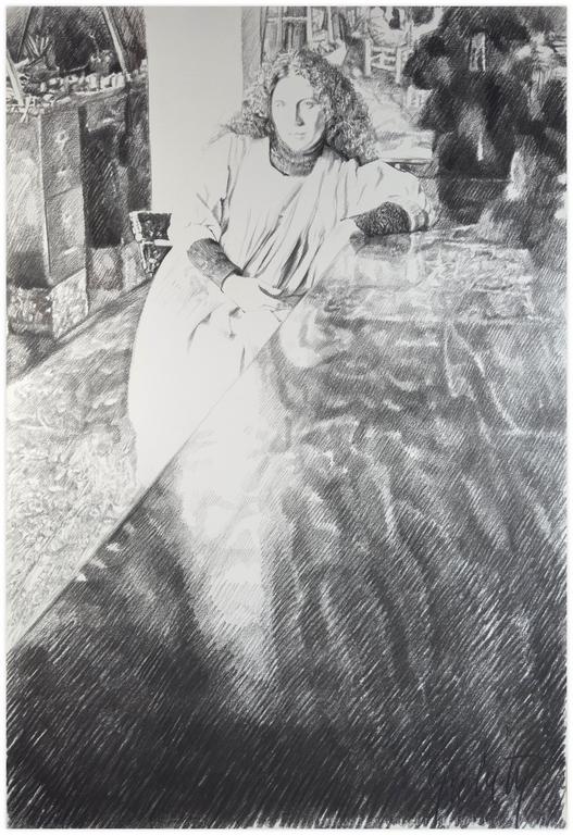 Claude Grobéty, Robe blanche, accoudée à la table - circa 1981