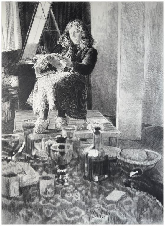 Claude Grobéty, Assis robe chat devant table et bouteille - circa 1983