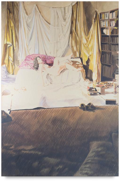 Claude Grobéty, Nu couché, appuyé sur bras droit, grandes draperies - circa 1980